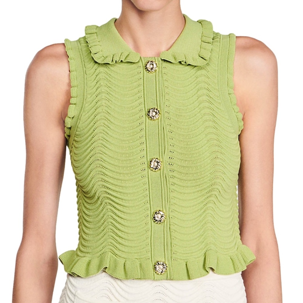 Sandro Olive Green Sleeveless Button-Down Knit Top - Picture 2 of 5